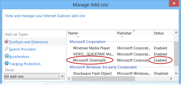 IE manage add-ons Dialog
