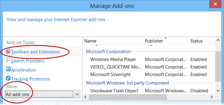 IE manage add-ons dialog