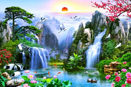 Cranes and Waterfalls Jigsaw Puzzle