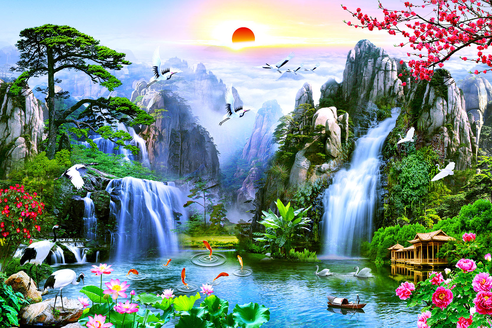 Cranes And Waterfalls Jigsaw Puzzle Cranes and waterfalls jigsaw puzzle