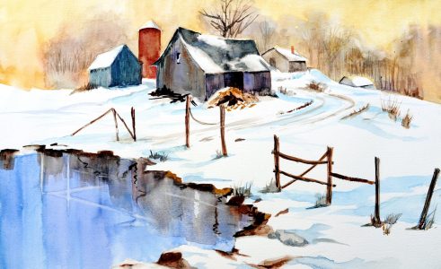 Winter Barn and Pond Jigsaw Puzzle